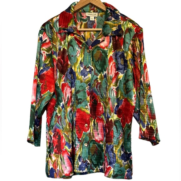 COLDWATER CREEK WOMENS FLORAL BUTTON BLOUSE 3/4 SLEEVES SIZE LARGE - Picture 1 of 5